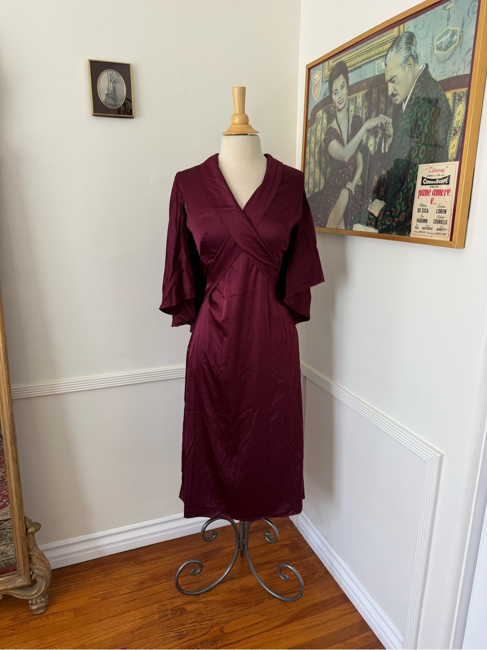 NWT — satin cape midi Dress in Deep Burgundy